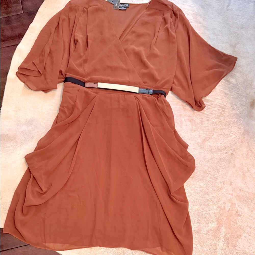 CITY CHIC Draped Faux Wrap Mini Dress w Belt - Rust Orange - Picture 7 of 16